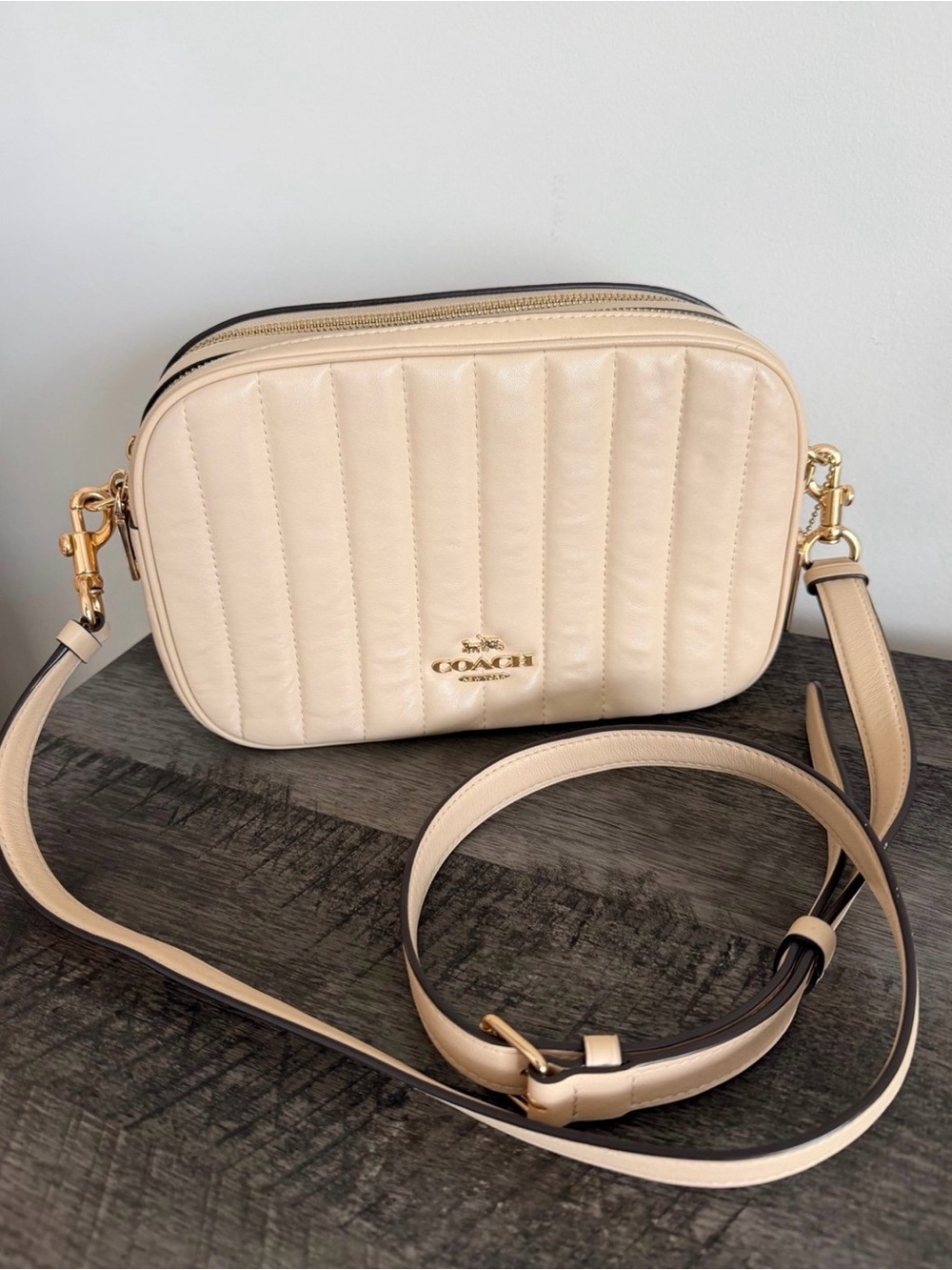 Coach Quilted Cream Leather Crossbody Bag with Gold Hardware